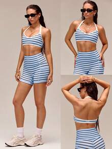 GLOWMODE FeatherFit™ Bring The Heat Soft Lightweight Anti-Slip Halter Demi Sports Bra With Removable Cups Low Impact Yoga Pilates Studio Daily Active Wear - Blue - View 9