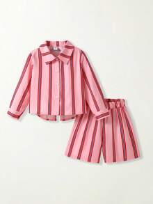 SHEIN Casuvi Kids 2件組少女拼接對比色不對稱領長袖條紋後蝴蝶結裝飾襯衫與拼接條紋長褲，學院休閒風，四季皆宜 - 西瓜粉 - 查看 3