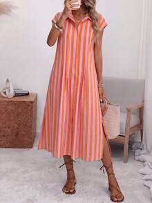 Louniche Loose Fit Collared Button-Front Striped Pleated Short Sleeve Midi Shirt Dress, Pink And Orange Base With Stripes, Elegant Tropical Beach Holiday - Multicolor - View 1