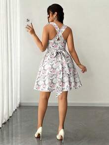 Elenzga Women's Plus Size Elegant Floral Print High Elastic Fabric Spaghetti Strap Wrap Tie Design Back Cinched Waist Bow Cinched Waist Pleated Waist Ultra Flare Versatile Design Party Gathering Music Festival Casual Versatile Design Fashion Item Vacation Night Date Valentine's Day Spaghetti Strap Short Dress - Multicolor - View 2