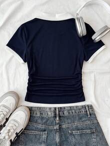 SHEIN Tween Girls' Casual Colorblock Ribbon Patchwork Bow Embroidered Polo Collar Short Sleeve T-Shirt, Summer - Navy Blue - View 2