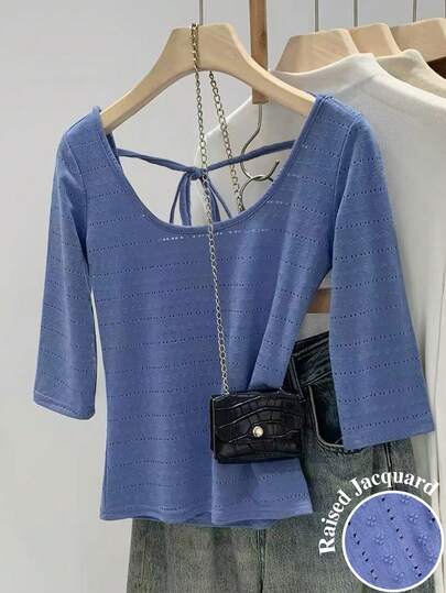 Resyla Camiseta Casual Feminina de Cor Sólida com Costas Vazadas e Cadarço