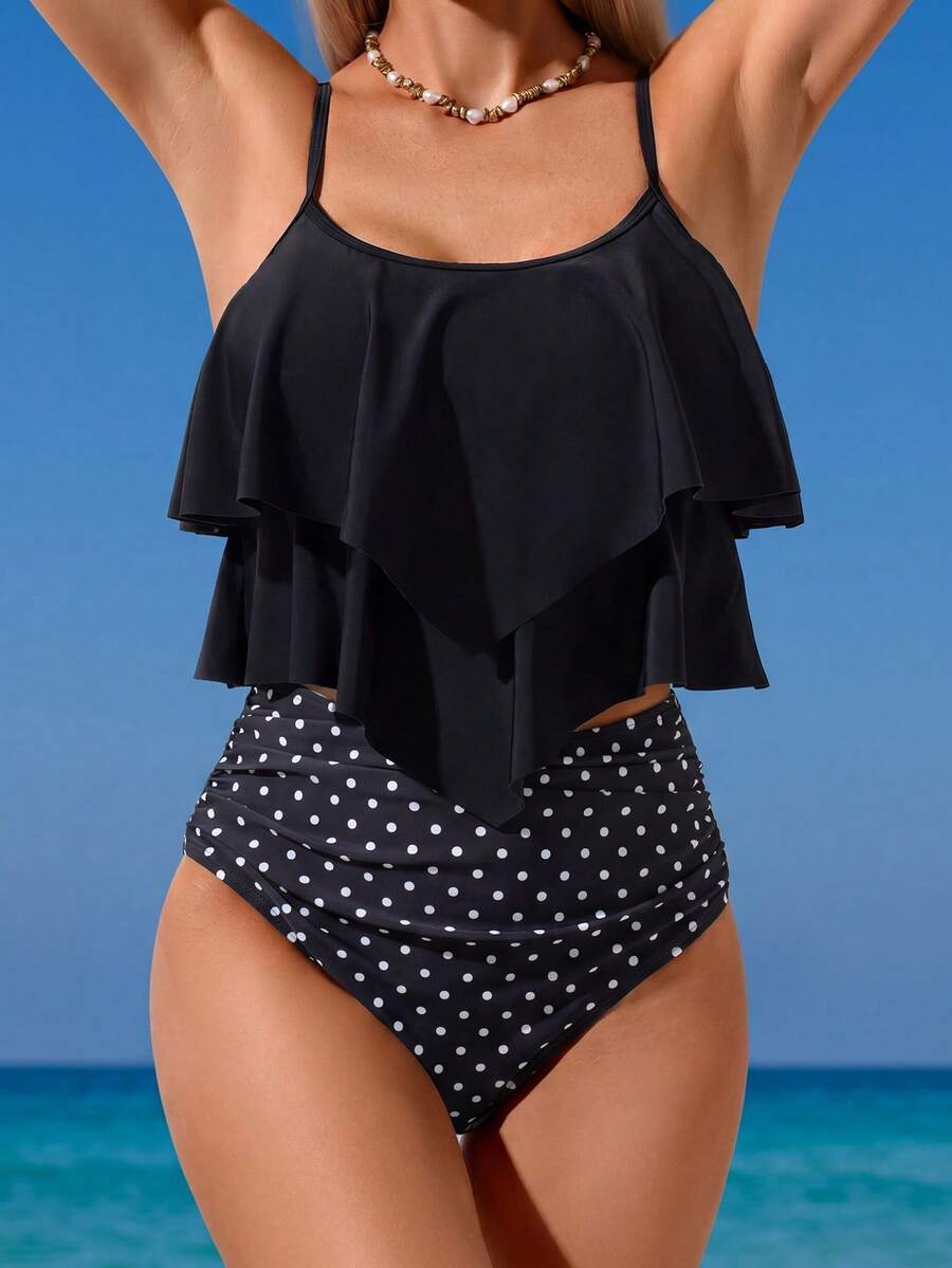 Swim Lushoire 2025 Women's 2 Pieces Summer Vacation Ruffle Top Polka Dot High Waist Bottom Swimsuit Set - Black and White - View 1