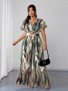 Elenzga Plus Size Ink Wash Sunset Glow Emerald Green Effect Pattern Pleated Textured Fabric V-Neck Dolman Sleeve Long Pants Women's Jumpsuit Summer Elegant - Green - View 6