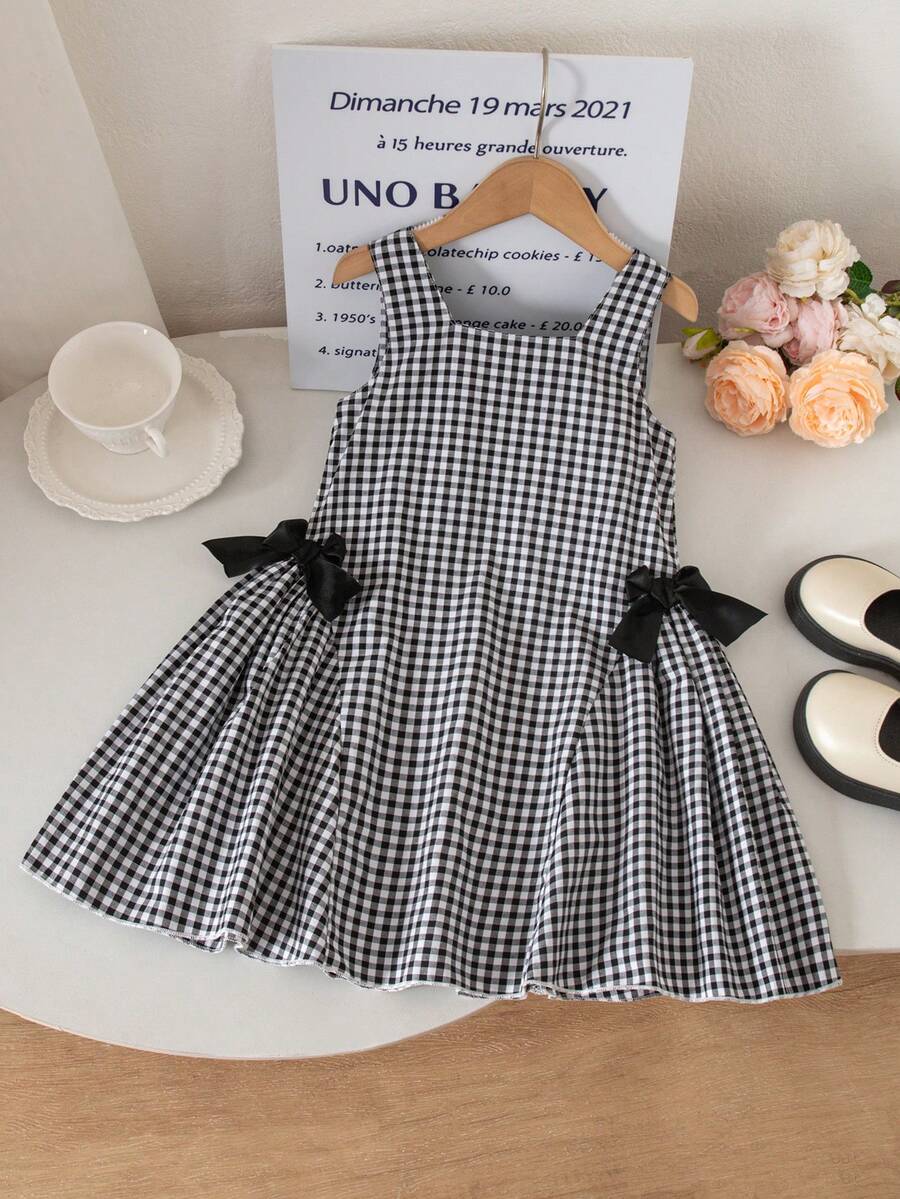 SHEIN 女童法式優雅經典黑白格紋方領A字洋裝,兩側附蝴蝶結,適合夏季派對與街頭穿搭 - 黑與白 - 查看 1
