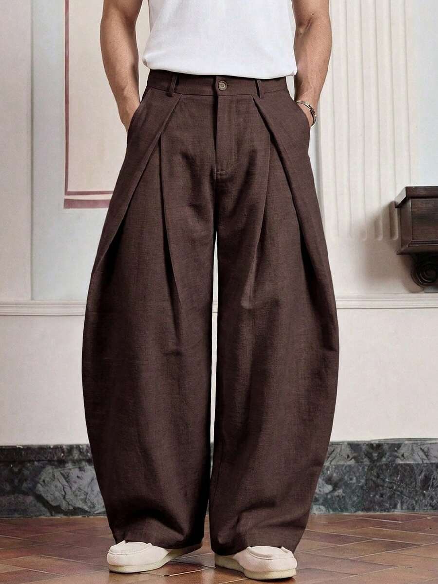 SWAVVY Men's Woven Solid Color Pocket Button Pleated Loose Long Pants - Redwood - View 1