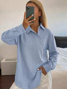 DAZY 女款不對稱門襟條紋寬鬆領襯衫 Y2K 風格 - 藍色 - 查看 3