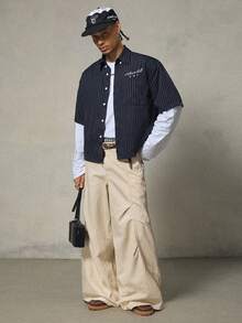 FRESIVO Pantalones largos holgados de pierna ancha con botones y bolsillos de unicolor de moda para hombres - Albaricoque - Ver 6