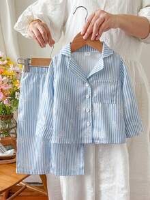 SHEIN 女嬰幼兒新生兒 0-3 歲秋冬四季時尚條紋蝴蝶結長袖上衣套裝 - 藍色 - 查看 2