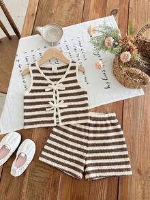 SHEIN LMoss Kids 少女條紋拼接撞色綁帶上衣與短褲休閒日常套裝 - 彩色 - 查看 5