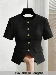 SHEIN Tall CURVE 大尺碼女款優雅短袖輕便外套，金色鈕扣，適合工作或休閒場合。短袖西裝外套，亞麻材質，休閒襯衫，圓領短袖襯衫，前開鈕扣襯衫，收腰設計，女款正式襯衫，夏季風格 - 黑色 - 查看 1