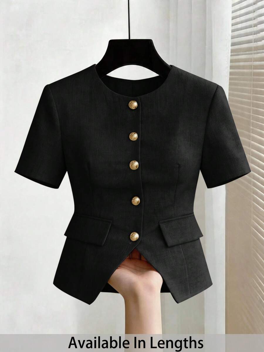 SHEIN Tall CURVE 大尺碼女款優雅短袖輕便外套，金色鈕扣，適合工作或休閒場合。短袖西裝外套，亞麻材質，休閒襯衫，圓領短袖襯衫，前開鈕扣襯衫，收腰設計，女款正式襯衫，夏季風格 - 黑色 - 查看 1