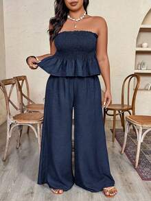 SHEIN CURVE+ Plus Size Women's Spring/Summer Vacation Style Crinkle Fabric Shirred Bandeau Top And Draped Wide Leg Pants 2-Piece Set - Navy Blue - View 3