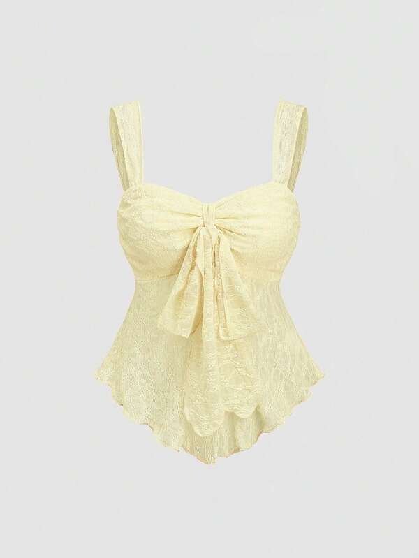 Sweetra Spring/Summer New Wide Strap Bow Textured Fabric Top, Sweet And Fashionable, Suitable For Daily Wear