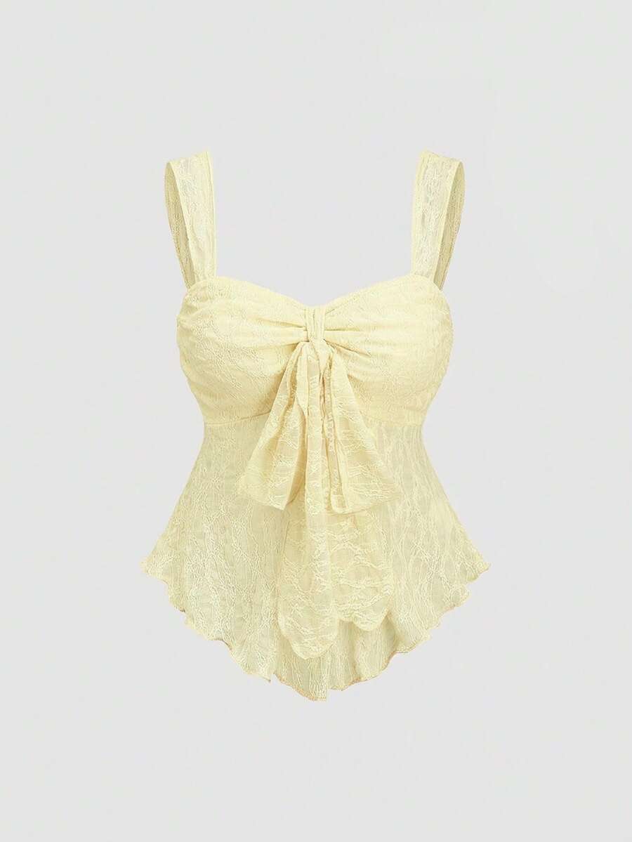 Sweetra Spring/Summer New Wide Strap Bow Textured Fabric Top, Sweet And Fashionable, Suitable For Daily Wear - Light Yellow - View 1