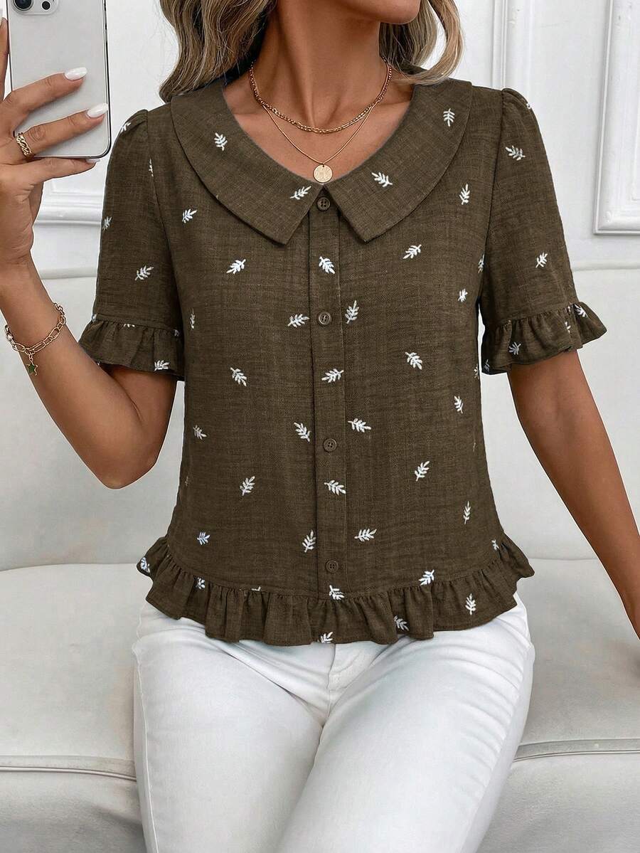 SHEIN Clasi 女款夏季翻領荷葉邊上衣優雅百搭藍色上衣 - 棕色 - 查看 1