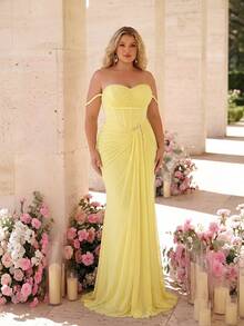 Glamrae Elegant Yellow High-Stretch Mesh Off-Shoulder Rope Asymmetrical Split Metal Decor Fish Tail Summer Formal Evening Heavy-Work Evening Gown For All - Yellow - View 5