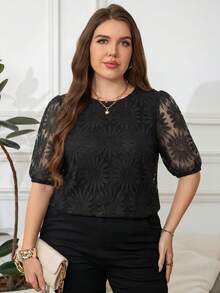 Reflora Plus Size Fashion Solid Color Cut-Out Round Neck Casual Summer Women's Top - Black - View 8