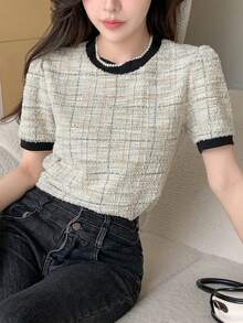 DAZY 女款夏秋圓領短袖修身白色格紋粗花呢布料黑色滾邊T恤 - 黃色 - 查看 4