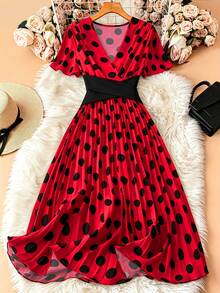 SHEIN Franclia 女款圓點印花V領裹身夏季短袖洋裝 - 紅色 - 查看 1