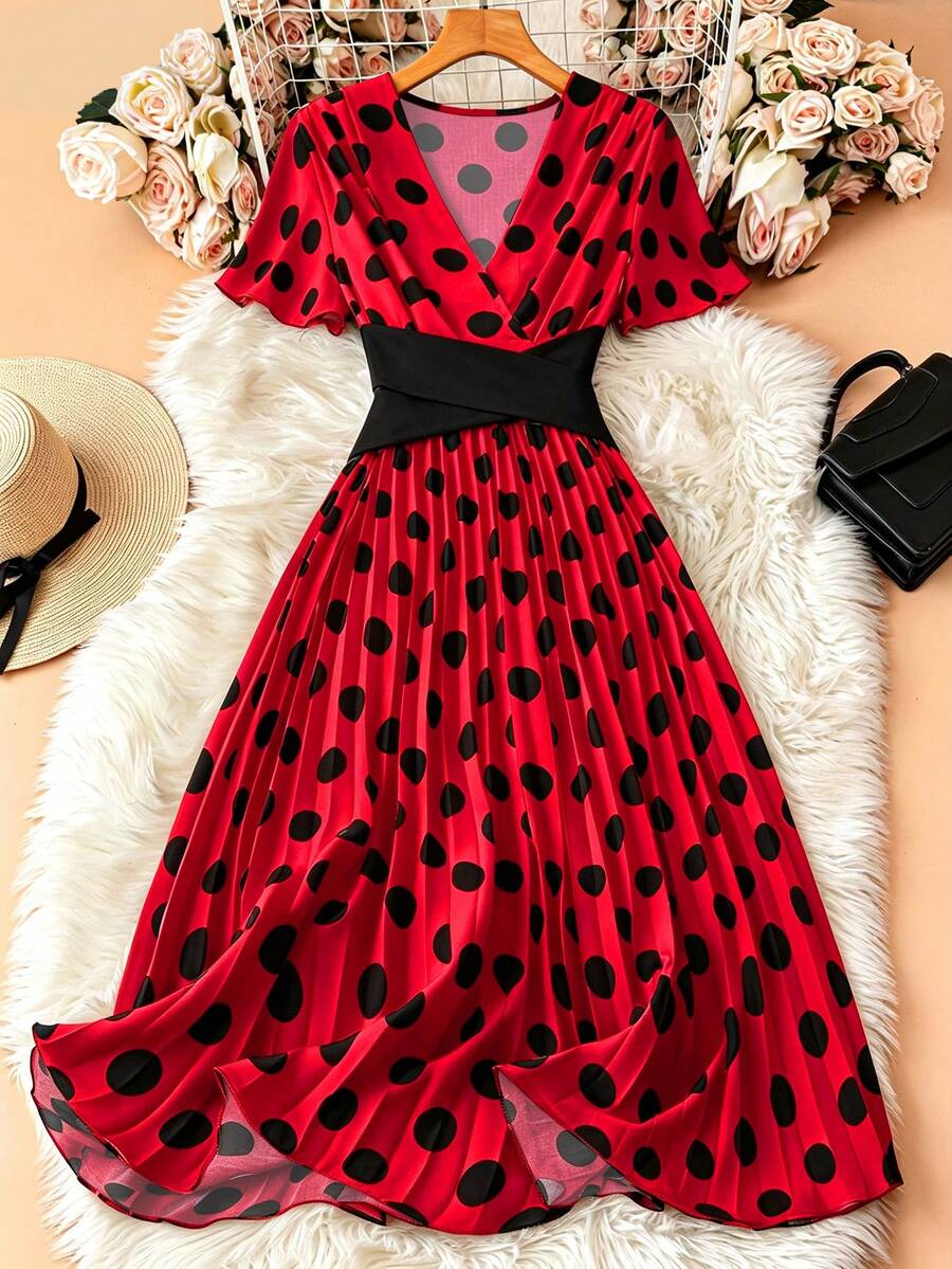 SHEIN Franclia 女款圓點印花V領裹身夏季短袖洋裝 - 紅色 - 查看 1
