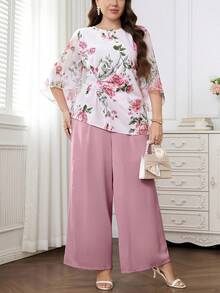 Reflora Conjunto de 2 piezas de top y pantalones con estampado floral elegante talla grande - Multicolor - Ver 3
