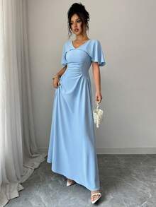 Elenzga Women's Spring/Summer Baby Blue Distressed Pleated French Style Elegant Sophisticated Work Commute Casual Vacation Romantic Beach Party Ruffle Dress - Baby Blue - View 5