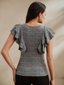 Anewsta Spring/Summer Vibe Sexy Date Party Shiny Knit Fabric V-Neck Ruffle Trim Fitted Silver Gray Women's Short Sleeve Top - Grey - View 2