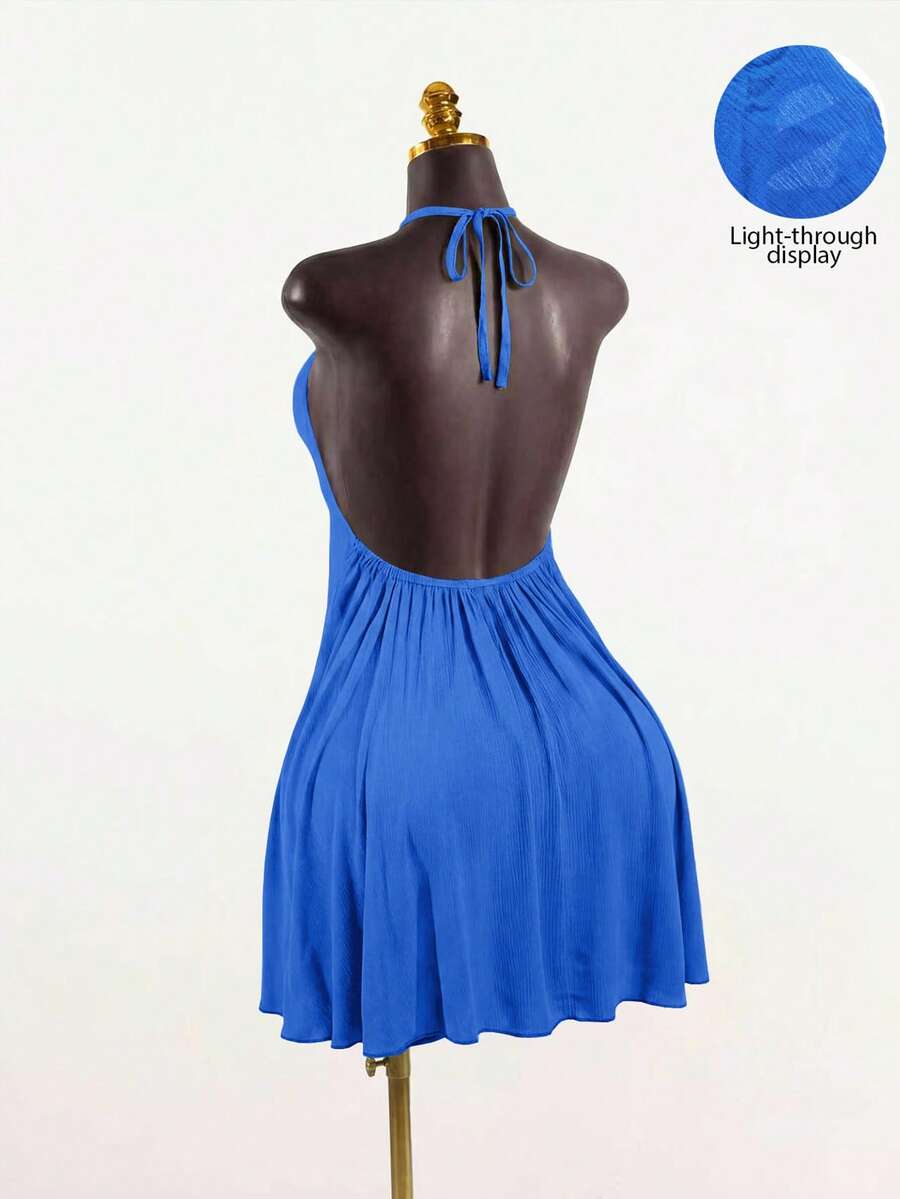 SaltGleam SaltGleam Women's Solid Color Halter Neck Tie Back Open Back Ruched Sexy Date Mini Dress - Blue - View 1