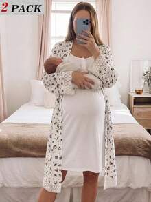Slowluna Maternity Floral Contrast Lace Trim Robe And Nursing Dress 2 Pieces Set Fall - White - View 5