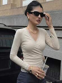 DAZY 春夏秋女款純色交叉領T恤校園風 - 米色 - 查看 5