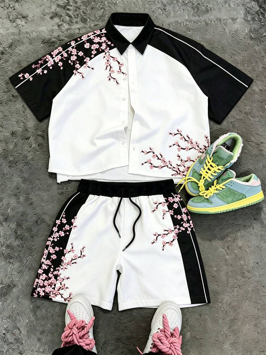 Manfinity EMRG Bộ đồ nam gồm áo sơ mi ngắn tay cài cúc phía trước và quần short cạp chun có dây rút, họa tiết hoa tương phản, phong cách thường ngày. - Nhiều màu - Xem 1