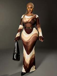 Maweii Plus Size Color Block Round Neck Sheer Sexy Long Sleeve Dress - Apricot - View 4