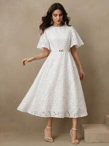 Savoree Elegant 3D Embossed Floral Jacquard White Cinched Waist Round Neck Flutter Sleeve Midi Dress For Women - White - View 7