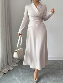 Modelyn Plus Size Elegant Commuter Solid Color Wrap Waist Long Dress Fall - Khaki - View 5