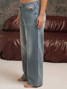 Lele Munniz Celana Jeans Boyfriend Longgar Ukuran Besar dengan Efek Sobek dan Cuci, Celana Jeans Kasual - Medium Wash - View 6