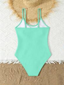 SHEIN Baju Renang Terusan Kasual Lucu Warna Hijau Mint dengan Kerah Bulat Bergaris untuk Remaja Perempuan, Cocok untuk Berenang di Musim Panas - Mint Green - View 2