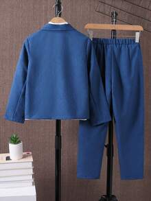 SHEIN Bộ vest 2 món cho bé trai tuổi teen, trang phục quý ông lịch sự cao cấp, thời trang nam tính cho tiệc, công sở, đám cưới, biểu diễn sân khấu và MC, áo blazer dài tay + quần dài, mùa xuân hè thu - Màu xanh hải quân - Xem 2