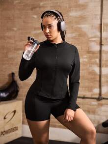 Powerista Women's Plus Size Summer Minimalist Solid Color Zipper Front Top And Shorts Sports Set - Black - View 6