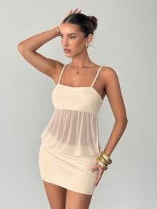 Siren Gaze White Summmer Seksi Chic Party Night Elegant Patchwork Mesh Slip Dress For Women,High-Waisted Off-Shoulder Sleeveless Mini Dress With Pleats - Apricot - View 5
