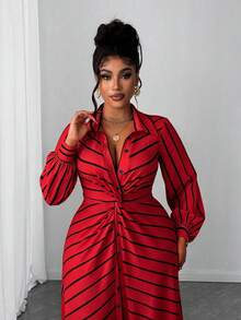 Maweii فستان نسائي كاجوال مقاس كبير مخطط بتصميم ملتوي وأكمام طويلة للخريف - متعدد الألوان - مشاهدة 8