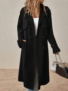 SHEIN Clasi Mantel Trench Berlengan Raglan Kancing Ganda dengan Sabuk, Warna Hitam Elegan untuk Kantor Musim Gugur - Hitam - View 5