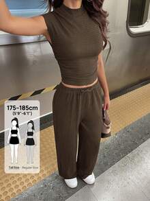 SHEIN Tall 2件組女款夏季素色立領百褶上衣與長褲套裝，休閒女裝運動服女夏季服飾女裝休閒套裝棕色兩件組女款兩件組長褲套裝女款休閒兩件組舒適兩件組棕色長褲套裝女款棕色連身褲長褲兩件組 - 摩卡棕 - 查看 9