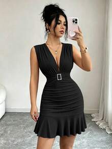 Elenzga Early Spring/Early Summer New Sexy Elegant Fashion Design Deep V-Neck Pleated Double Layer Rhinestone Square Buckle Fitted Slimming Bodycon Ruffle Hem Short Dress With Cap Sleeves For Women - Black - View 2