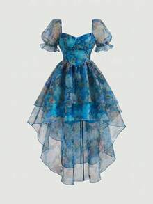 SHEIN MOD Plus Size Summer Casual Floral All-Over Print High-Low Hem Dress - Blue - View 8