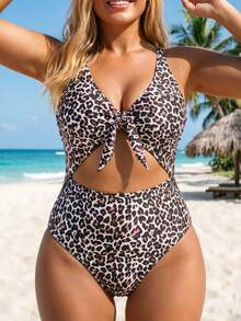 Slaydiva Plus Size Women's One Piece Swimsuit, Random Print, Front Tie Knot, Adjustable, Cutout Abdomen, Sexy Vacation Party Beach Summer All White - Multicolor - View 6