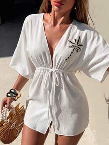 Swim Vcay 2026 New Women's Summer Beach Vacation Short-Sleeved, Loose-Fitting White Beach Kimono Cover-Up With Coconut Tree Decoration Tropical - White - View 1