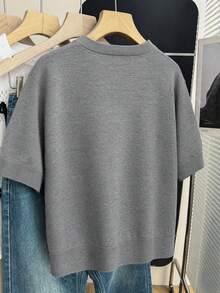 SHEIN CURVE+ 女款春秋簡約休閒通勤辦公街頭度假百搭日常優雅圓領印花圍巾裝飾標準肩短袖寬鬆灰色碎花大尺碼針織套頭衫 - 灰色 - 查看 2