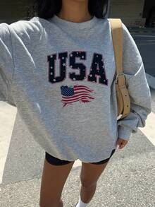 SHEIN EZwear 女款復古美國國旗Y2K寬鬆混色灰色長袖運動衫；街頭風；日 - 淺灰色 - 查看 4