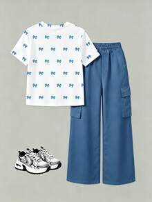 Conjunto 2 Peças para Meninas Jovens, Top Camiseta de Manga Curta com Laço Azul, Estampa de Bordado Falso e Calça Cargo com Bolso na Cor Combinando, Estilo Fashion Doce, Adequado para Passeios no Verão - Multicolorido - Visão 3